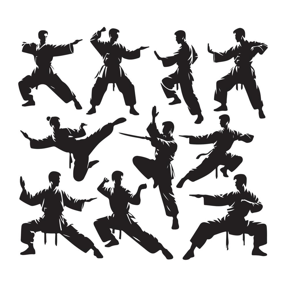 Silhouette of people isolated on white background. Wushu, kung fu, Taekwondo, Aikido. Sports positions. Design elements and icons. illustration. Set vector