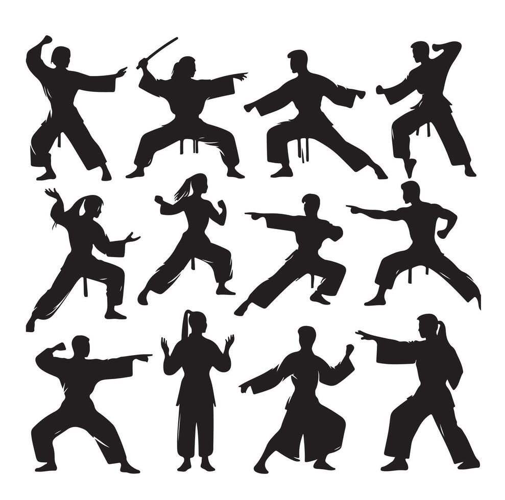 Silhouette of people isolated on white background. Wushu, kung fu, Taekwondo, Aikido. Sports positions. Design elements and icons. illustration. Set vector