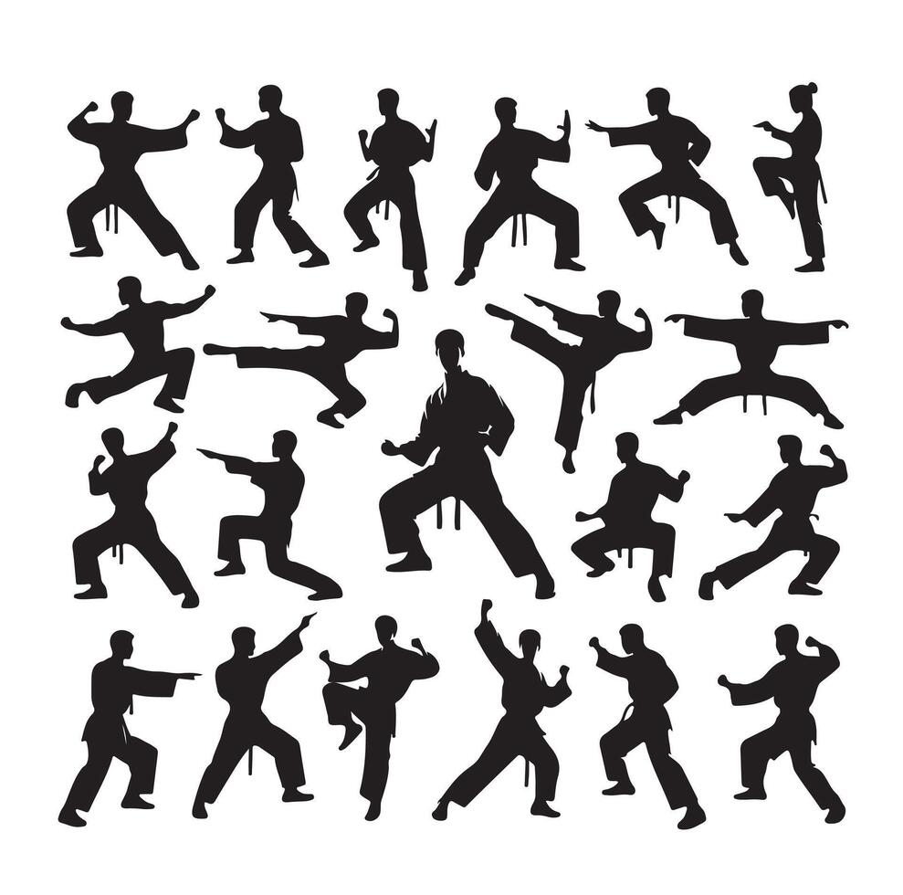 Silhouette of people isolated on white background. Wushu, kung fu, Taekwondo, Aikido. Sports positions. Design elements and icons. illustration. Set vector