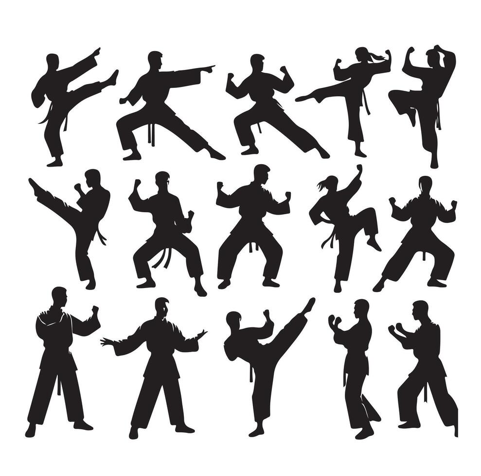 Silhouette of people isolated on white background. Wushu, kung fu, Taekwondo, Aikido. Sports positions. Design elements and icons. illustration. Set vector