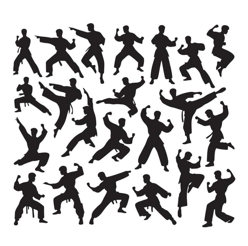 Silhouette of people isolated on white background. Wushu, kung fu, Taekwondo, Aikido. Sports positions. Design elements and icons. illustration. Set vector