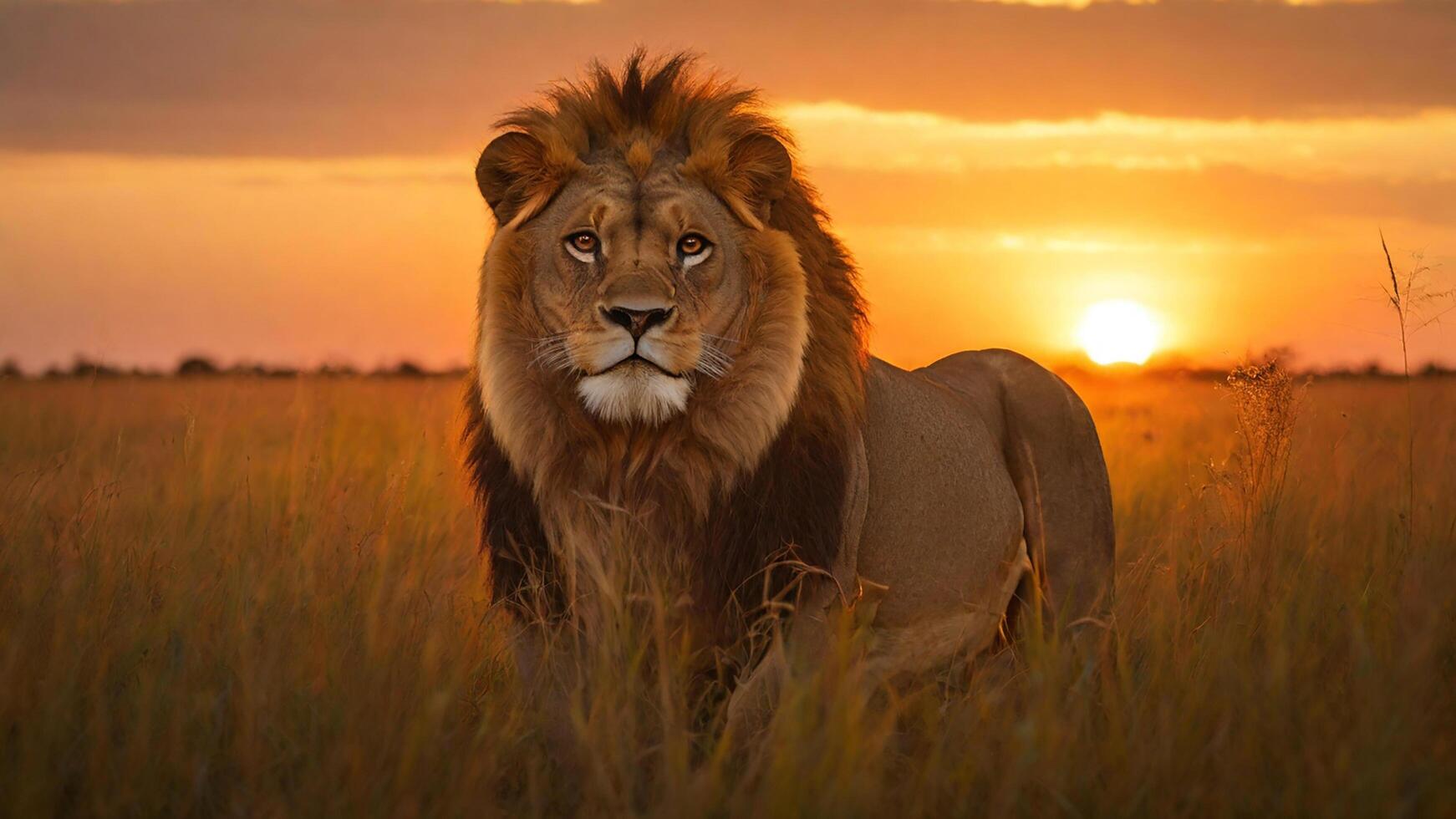 A majestic lion stands tall in the grass. photo
