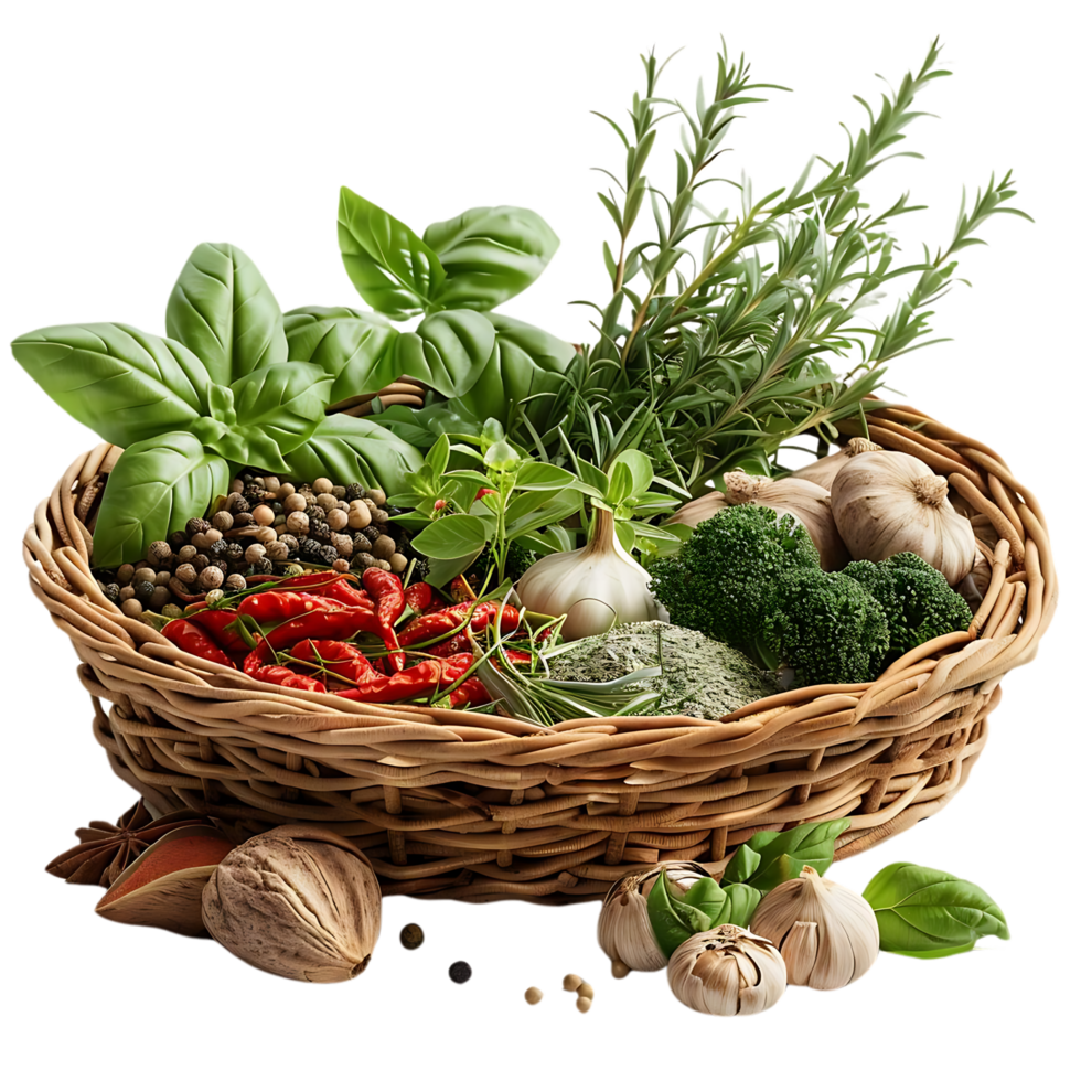 Wicker Basket of Fresh Herbs, Spices, and Garlic - Realistic Image png