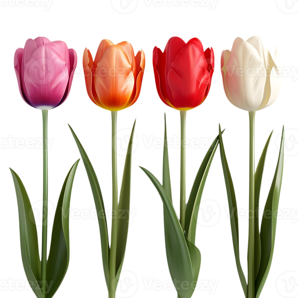 Four Colorful 3D Rendered Tulips on Black Background png