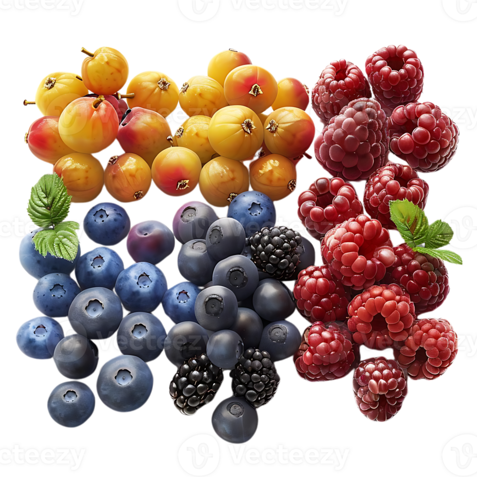 3D Illustration of Fresh Blueberries, Blackberries, and Raspberries png