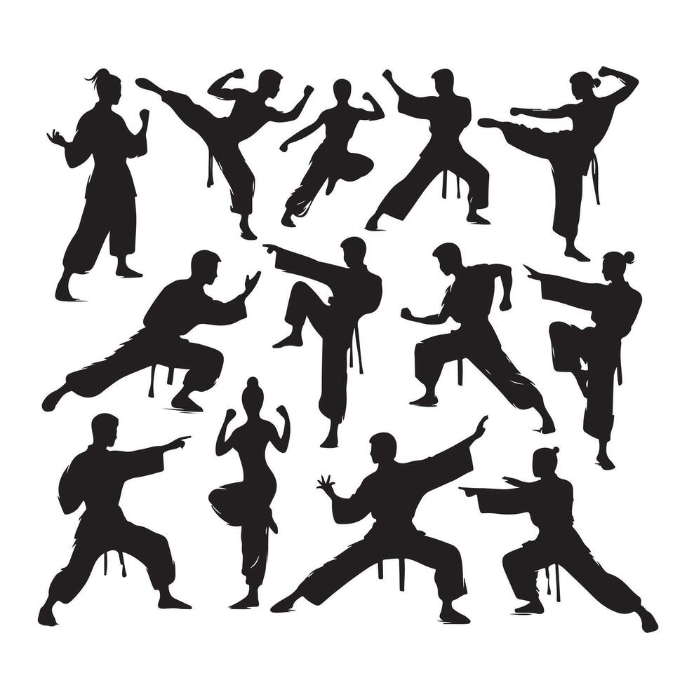 Silhouette of people isolated on white background. Wushu, kung fu, Taekwondo, Aikido. Sports positions. Design elements and icons. illustration. Set vector