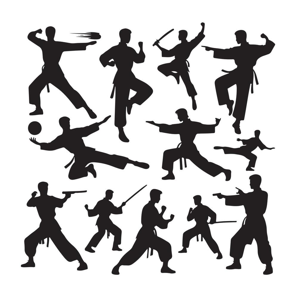 Silhouette of people isolated on white background. Wushu, kung fu, Taekwondo, Aikido. Sports positions. Design elements and icons. illustration. Set vector