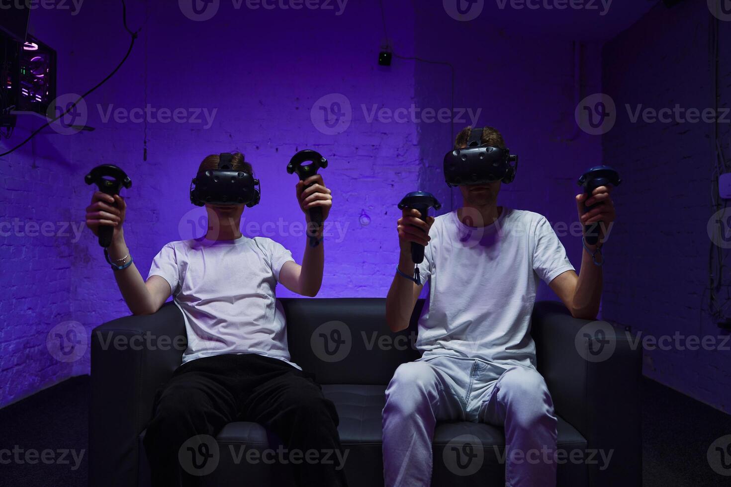 The player plays the game using virtual reality. Neon style. photo