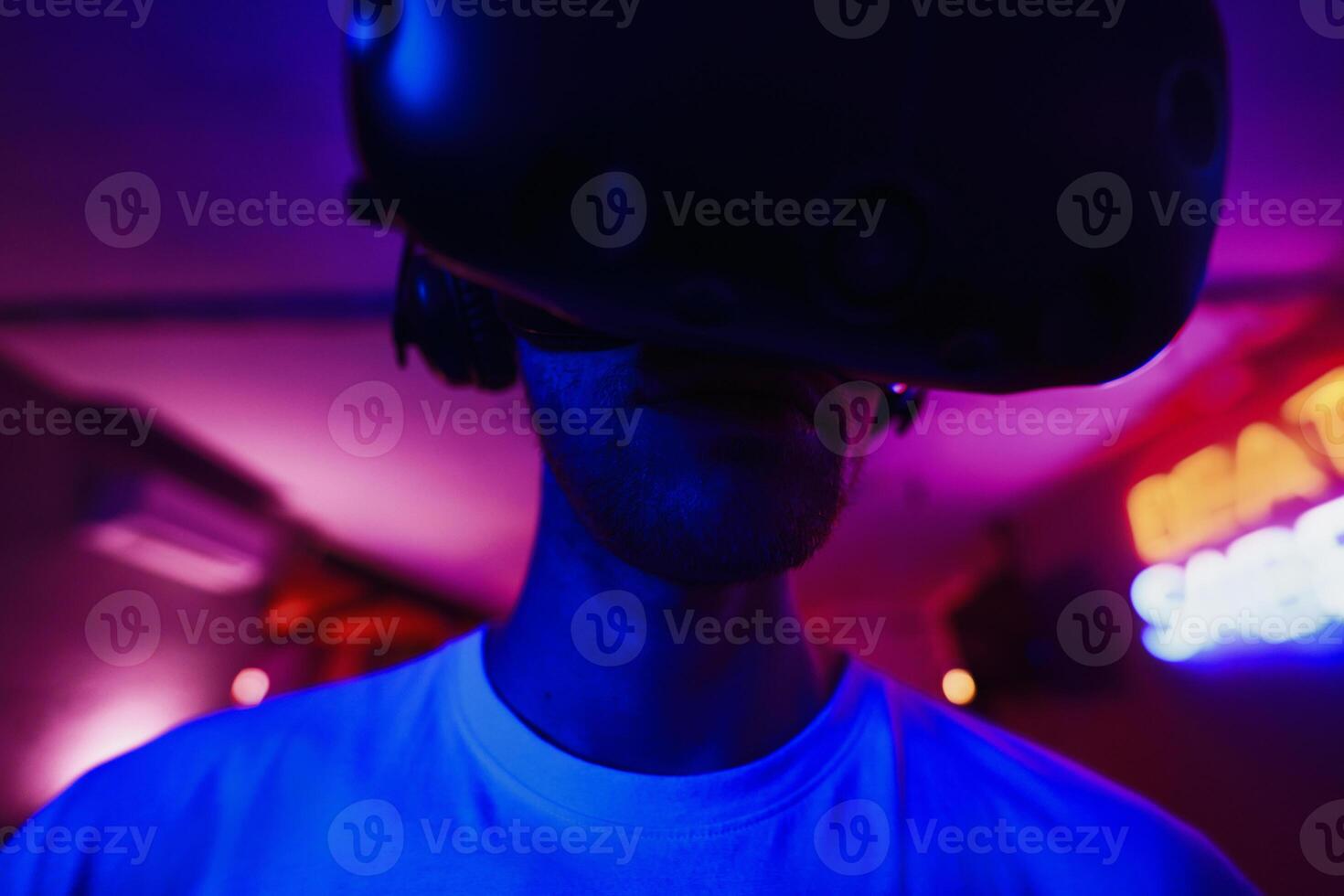 The player plays the game using virtual reality. Neon style. photo