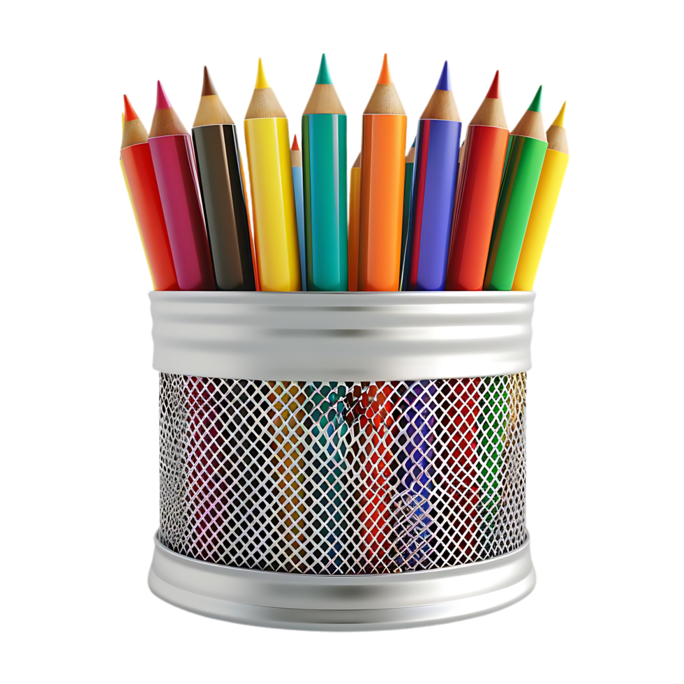3D Illustration of a Colorful Pencil Holder with a Mesh Design png