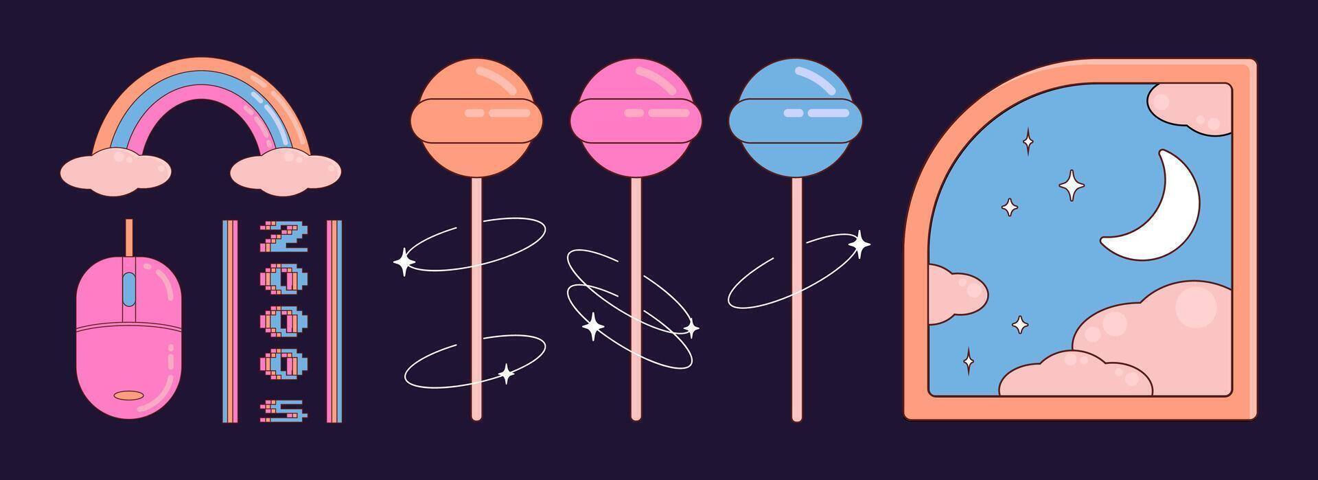 Y2K set of retro objects, design elements, stickers, lollipops and frames with sky picture. illustration. vector