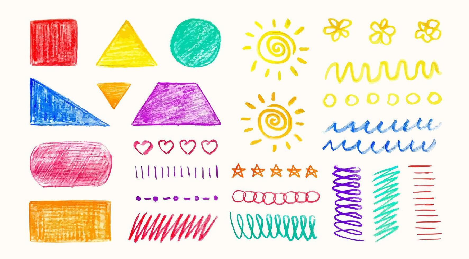 Set of colorful freehand crayon doodles and drawings, scribbles, geometric forms and graphic design decorations in colorful charcoal style. vector