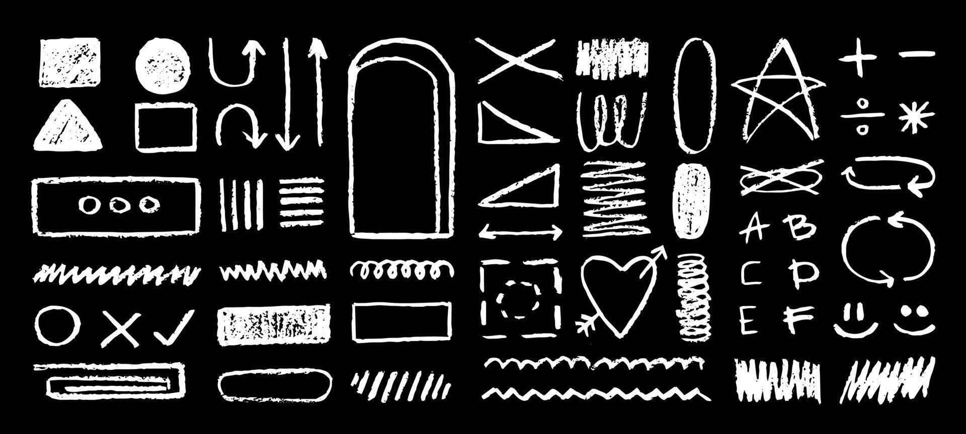 Set of freehand charcoal doodles, arrows, different signs and symbols, graphic design decorations. illustration. vector