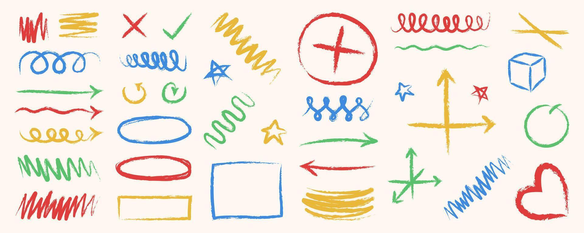 Set of colorful freehand crayon doodles and drawings, scribbles and graphic design decorations in colorful charcoal style. vector