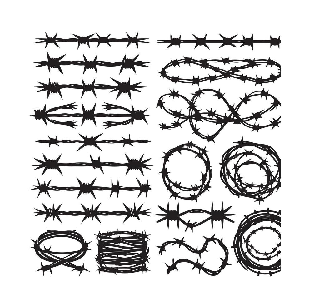Barber Wire set isolated white background. Razor Wire in trendy minimal geometric style. Brutal prison fence collection. illustration can used web design vector