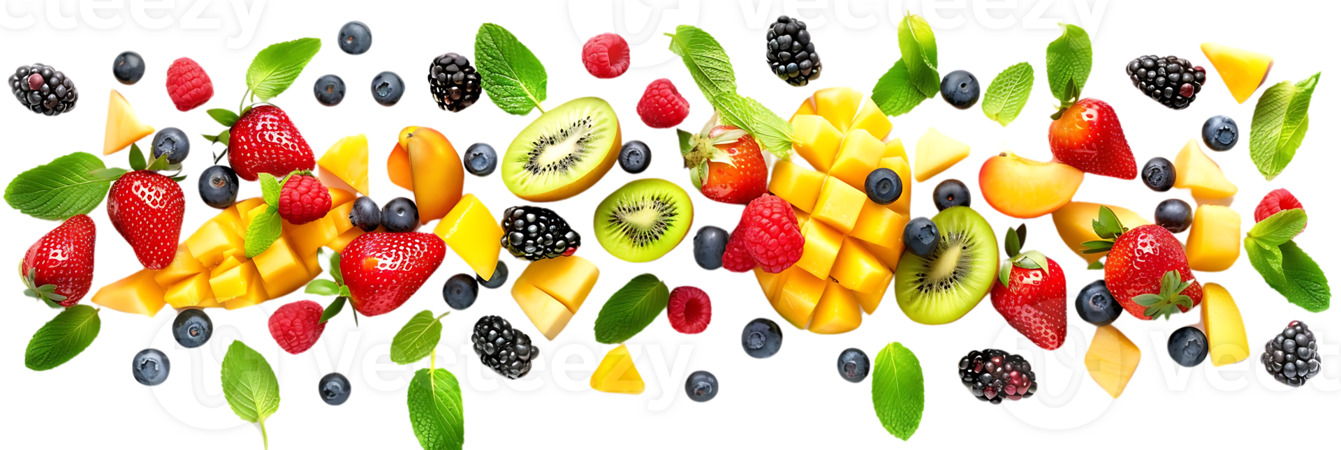 Fruit Salad Illustration with Mango, Strawberry, Kiwi, Blueberry, Raspberry, and Blackberry png
