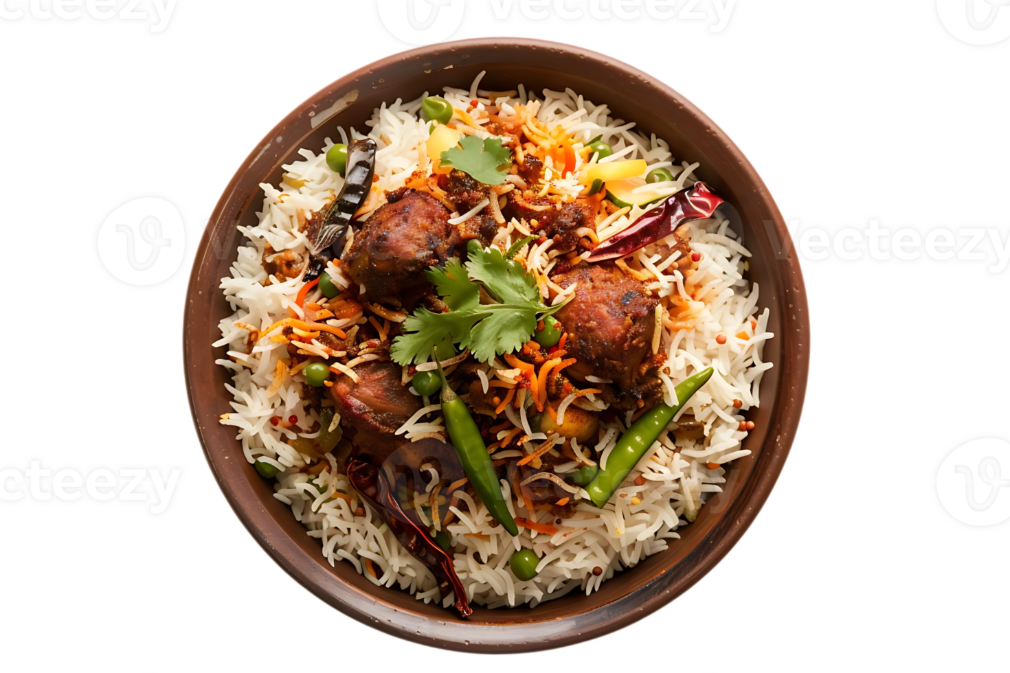 Delicious Indian Chicken Biryani with Vegetables, Spices, and Rice in a Brown Bowl - Food Photography png