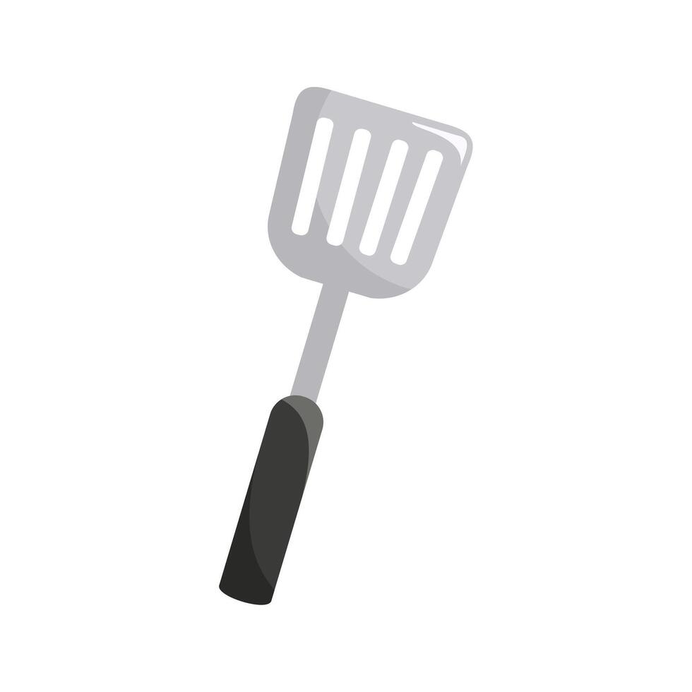 Silver spatula with a black handle suitable for kitchen, cooking, culinary, utensil, and chef themed designs. Versatile for food content vector