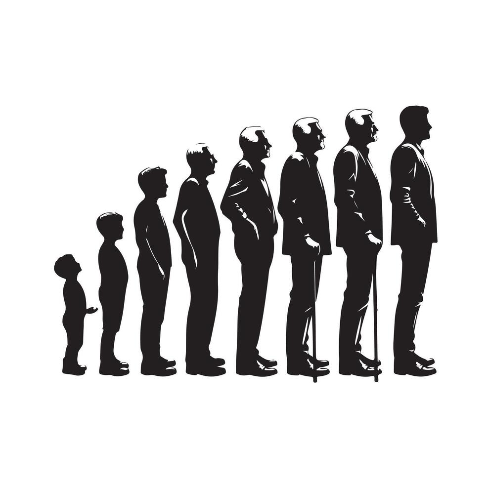 Human in different ages. Silhouette profile of male and female person growth stages, people generations from baby to old illustration set. Man and woman characters in aging process vector