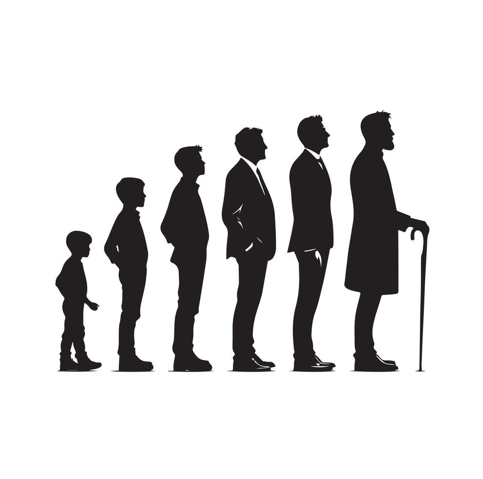 Human in different ages. Silhouette profile of male and female person growth stages, people generations from baby to old illustration set. Man and woman characters in aging process vector