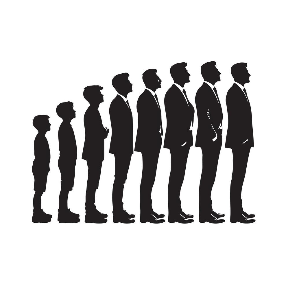 Human in different ages. Silhouette profile of male and female person growth stages, people generations from baby to old illustration set. Man and woman characters in aging process vector