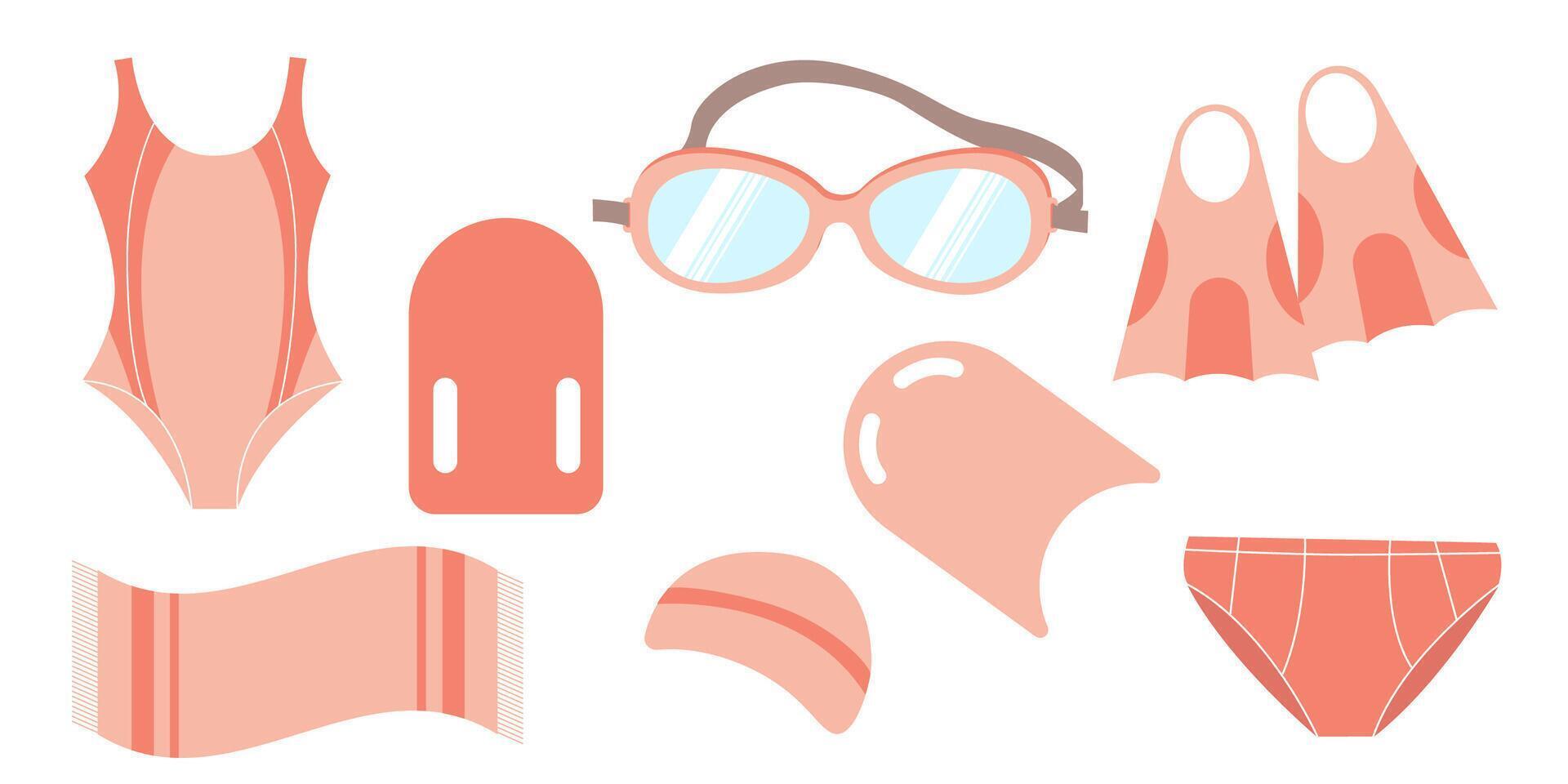 Set of swim sport equipment, towel, swimsuit, goggles and flippers vector