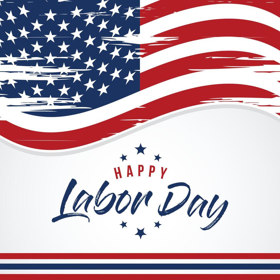 Labor Day greeting card with brush stroke background in United States national flag colors and hand lettering text Happy Labor Day. illustration. vector
