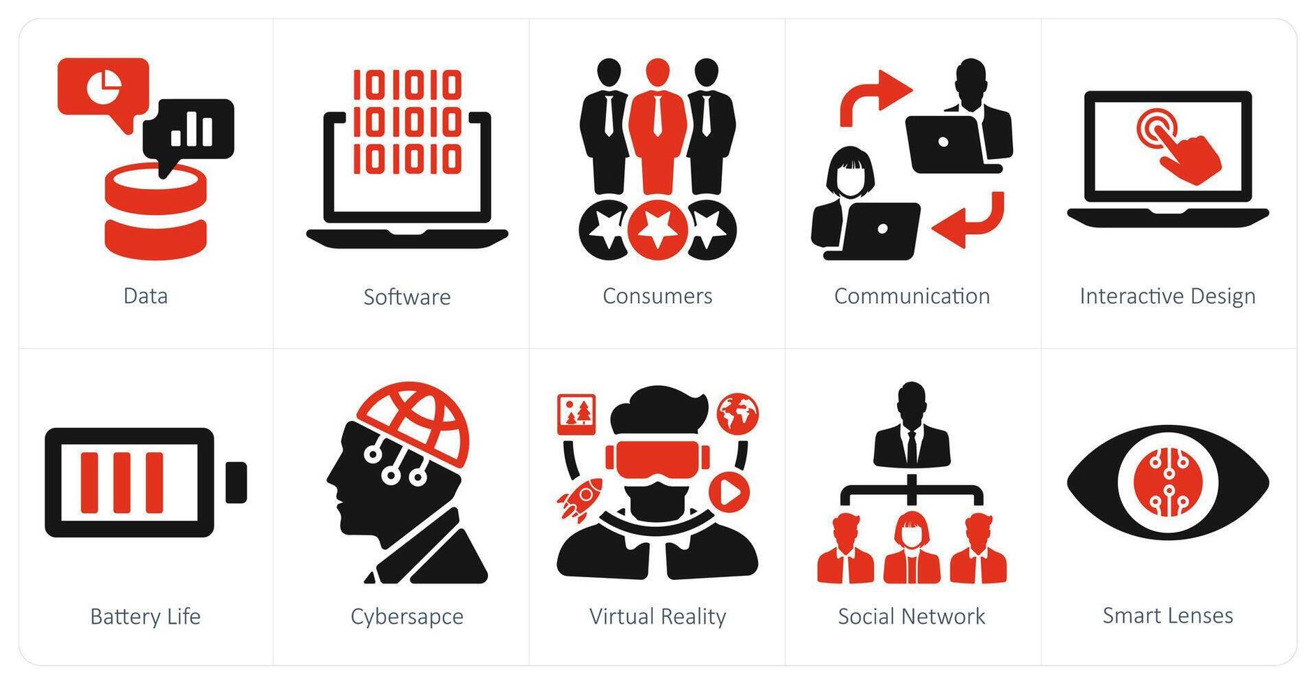 A set of 10 Virtual Reality icons as data, software, consumers vector