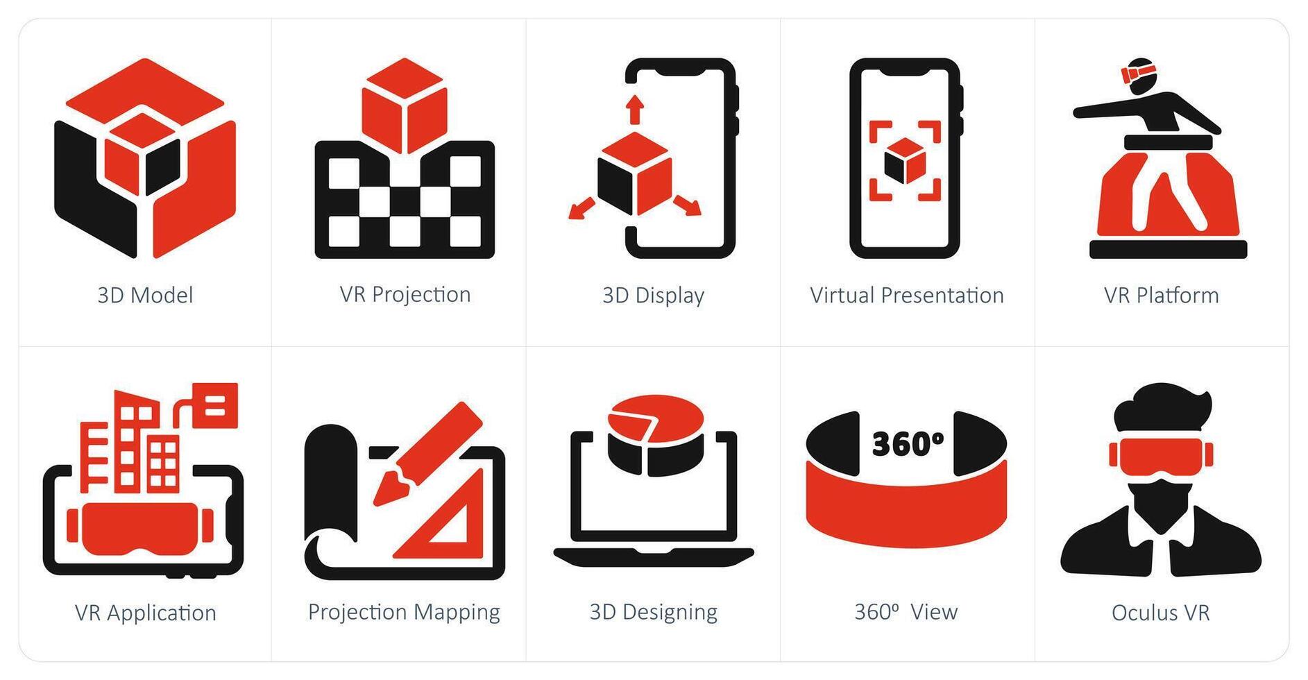 A set of 10 Virtual Reality icons as 3d model, vr projection, 3d display vector