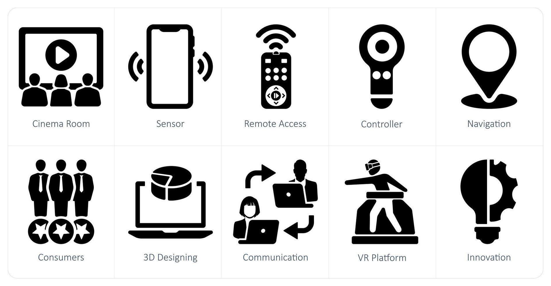 A set of 10 virtualreality icons as cinema room, sensor, remote access vector