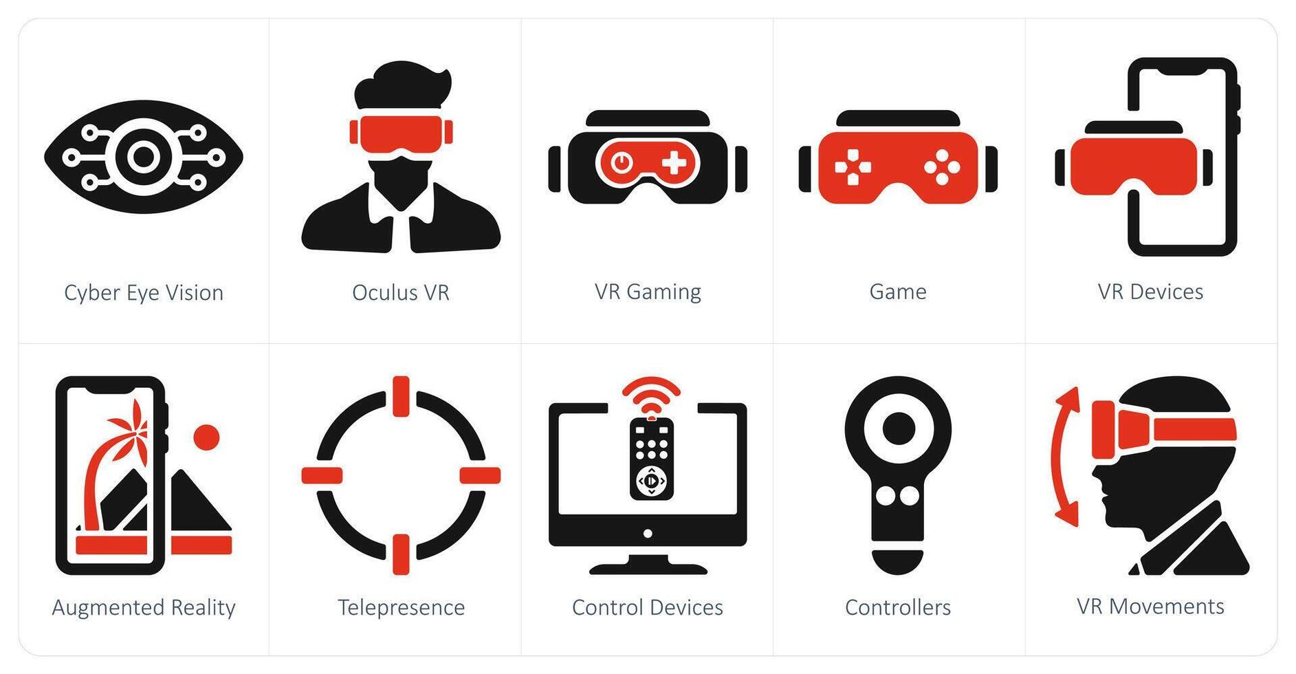 A set of 10 Virtual Reality icons as cyber eye vision, oculus vr, vr gaming vector