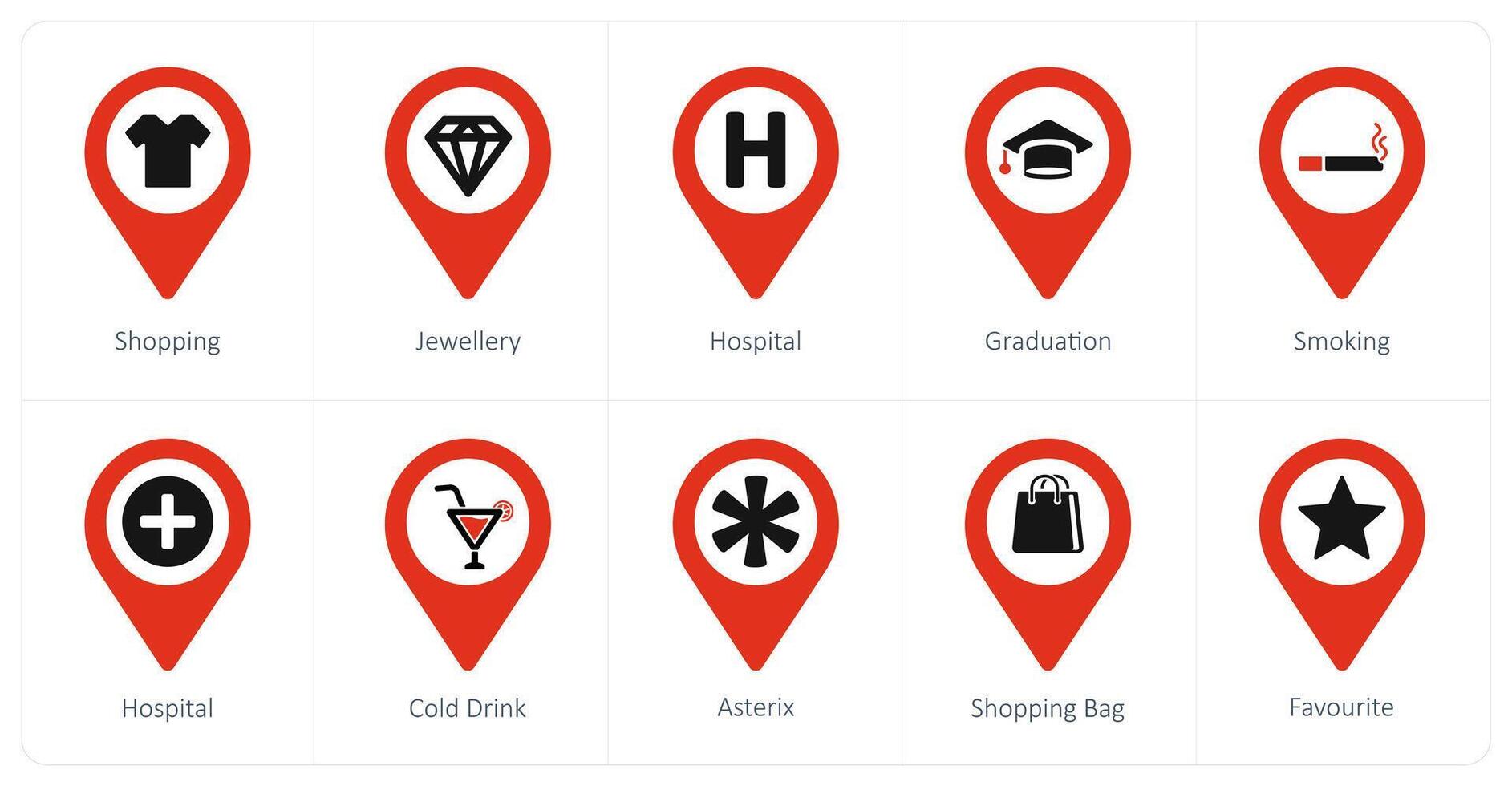 A set of 10 Location Pointer icons as shopping, jewellery, hospital vector
