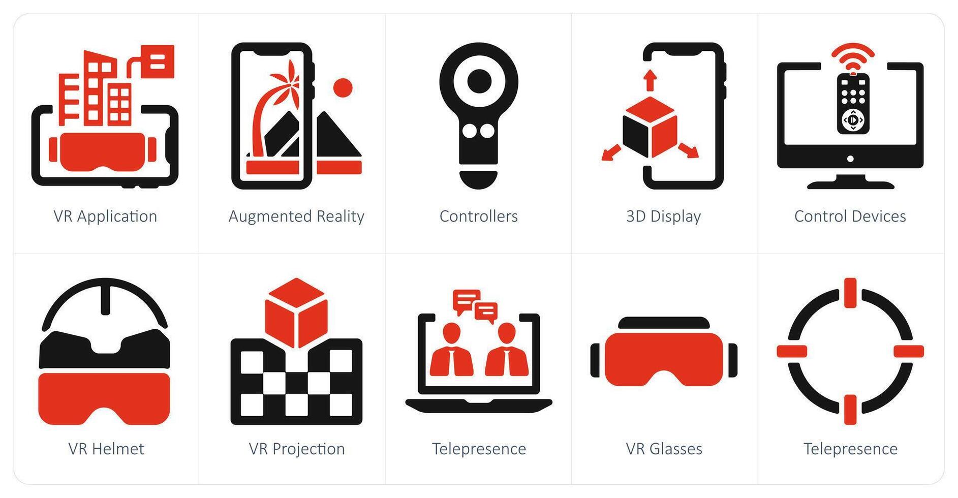 A set of 10 Virtual Reality icons as vr application, controllers, 3d display vector
