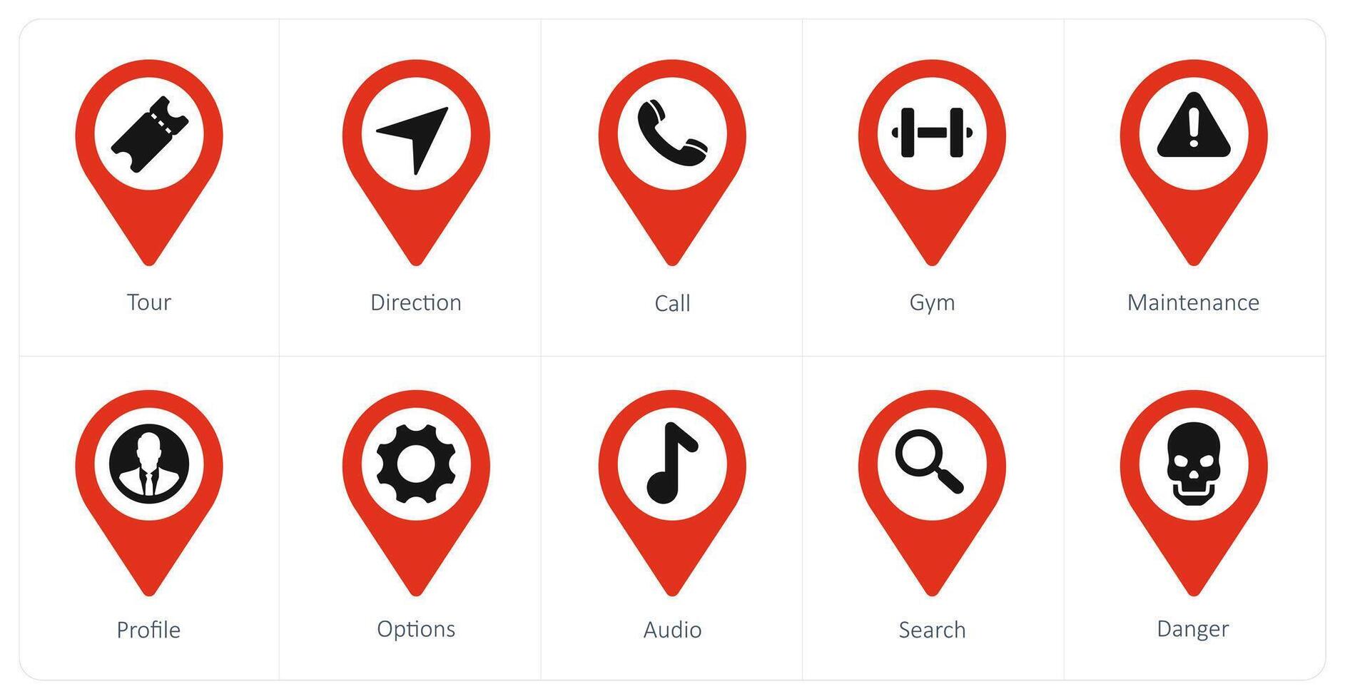 A set of 10 Location Pointer icons as tour, direction, call vector