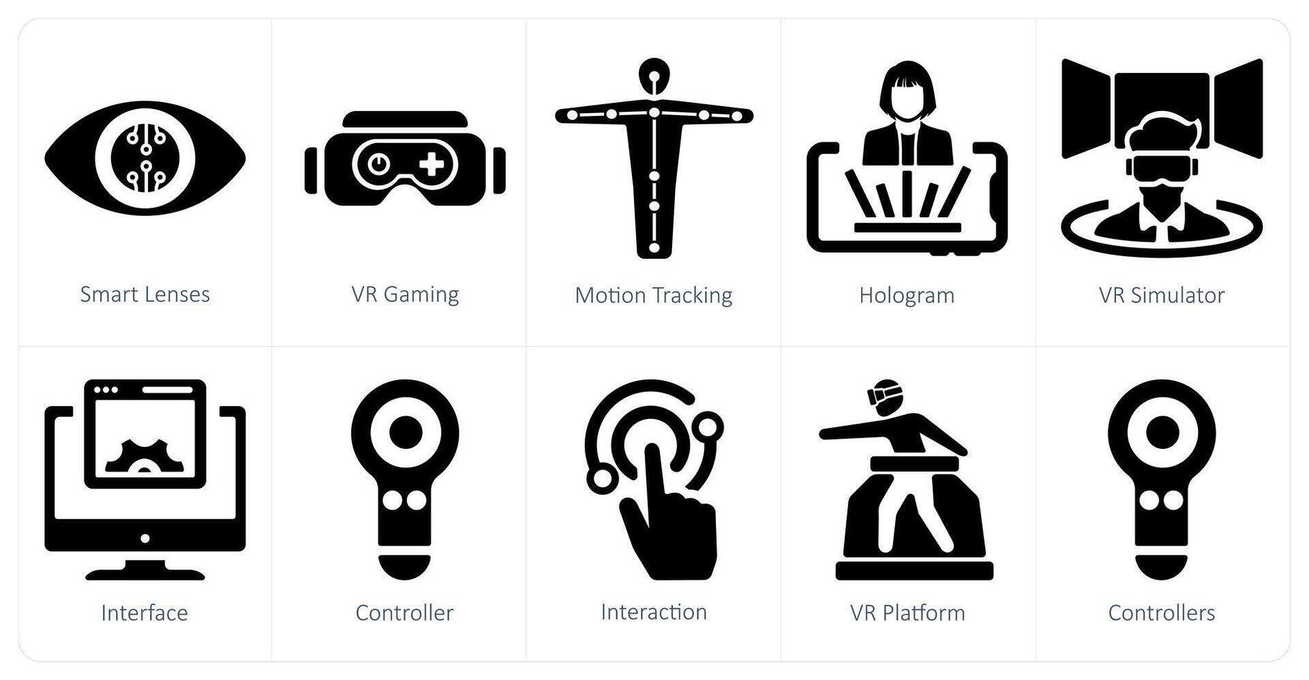 A set of 10 virtualreality icons as smart lenses, vr gaming, motion tracking vector