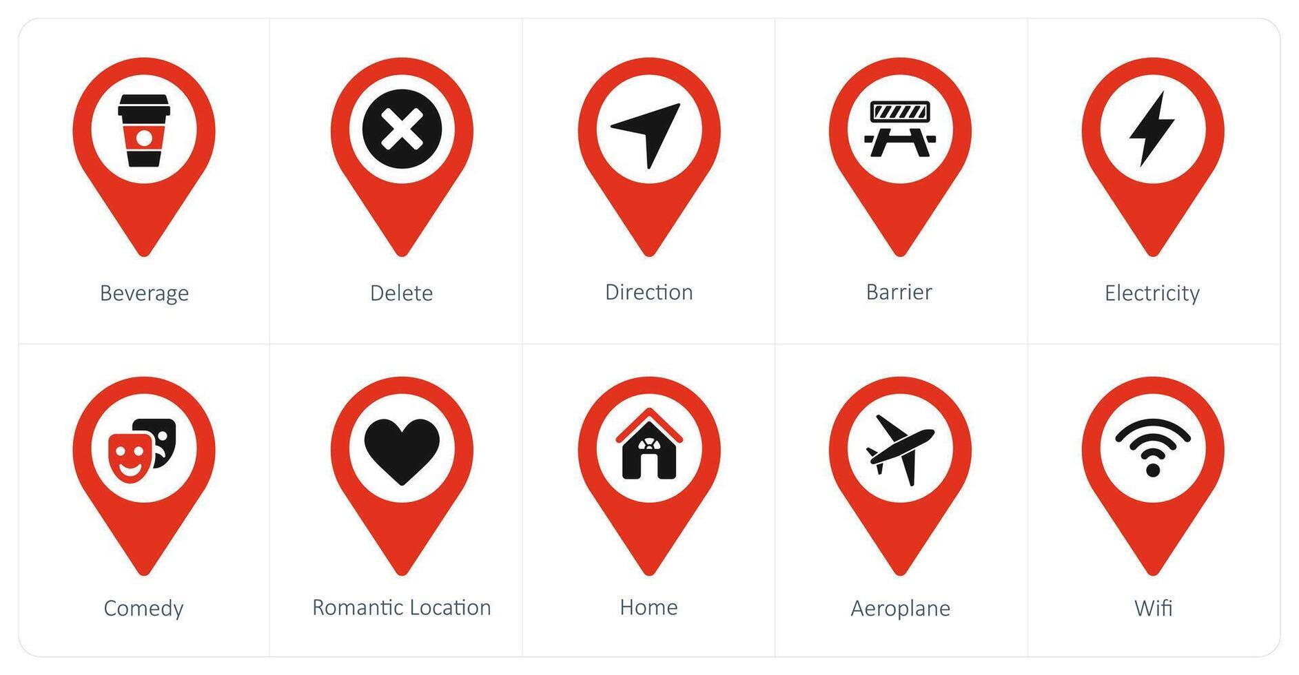 A set of 10 Location Pointer icons as beverage, delete, direction vector