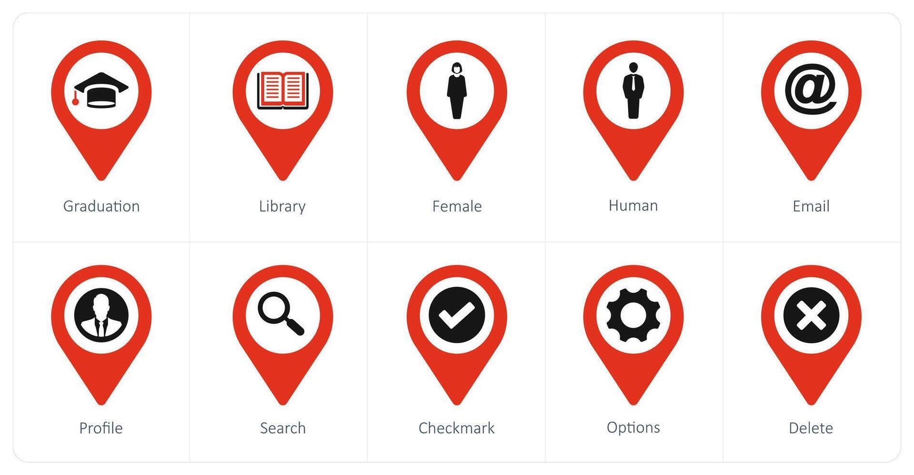 A set of 10 Location Pointer icons as graduation, library, female vector
