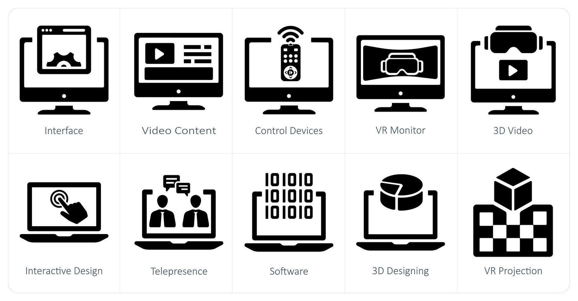 A set of 10 virtualreality icons as interface, content, control devices vector