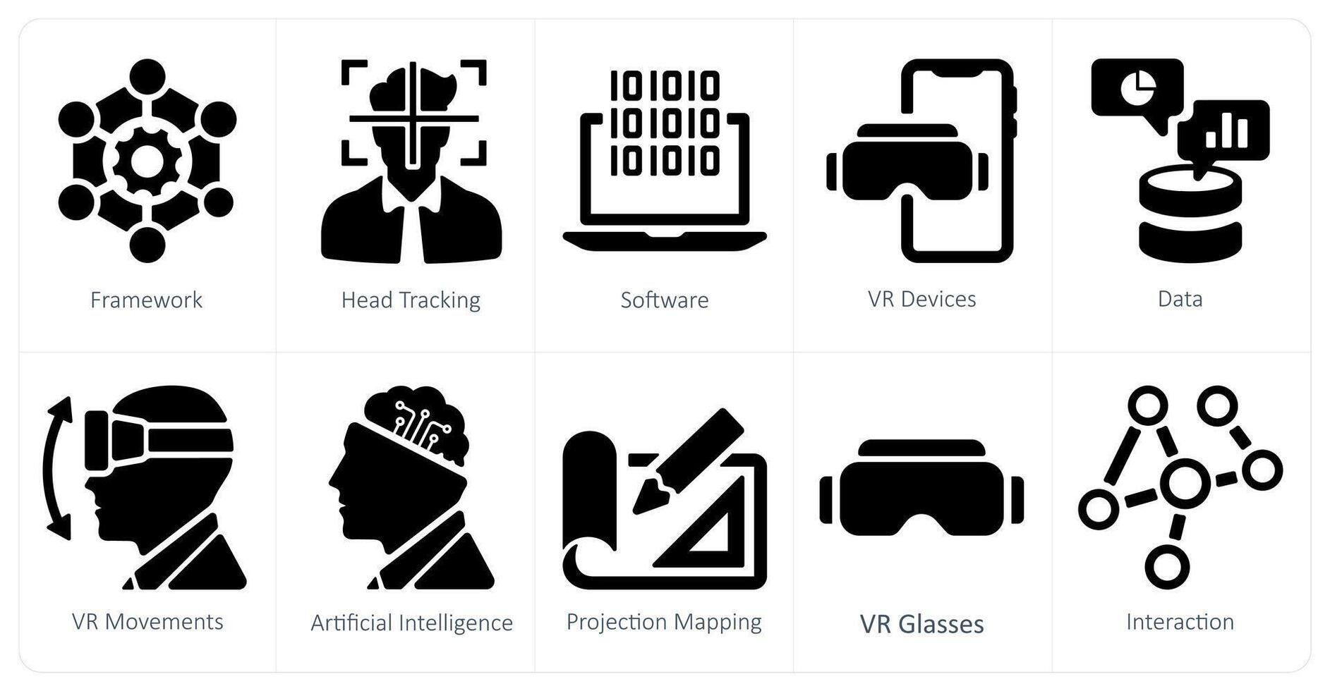 A set of 10 virtualreality icons as framework, head tracking, software vector