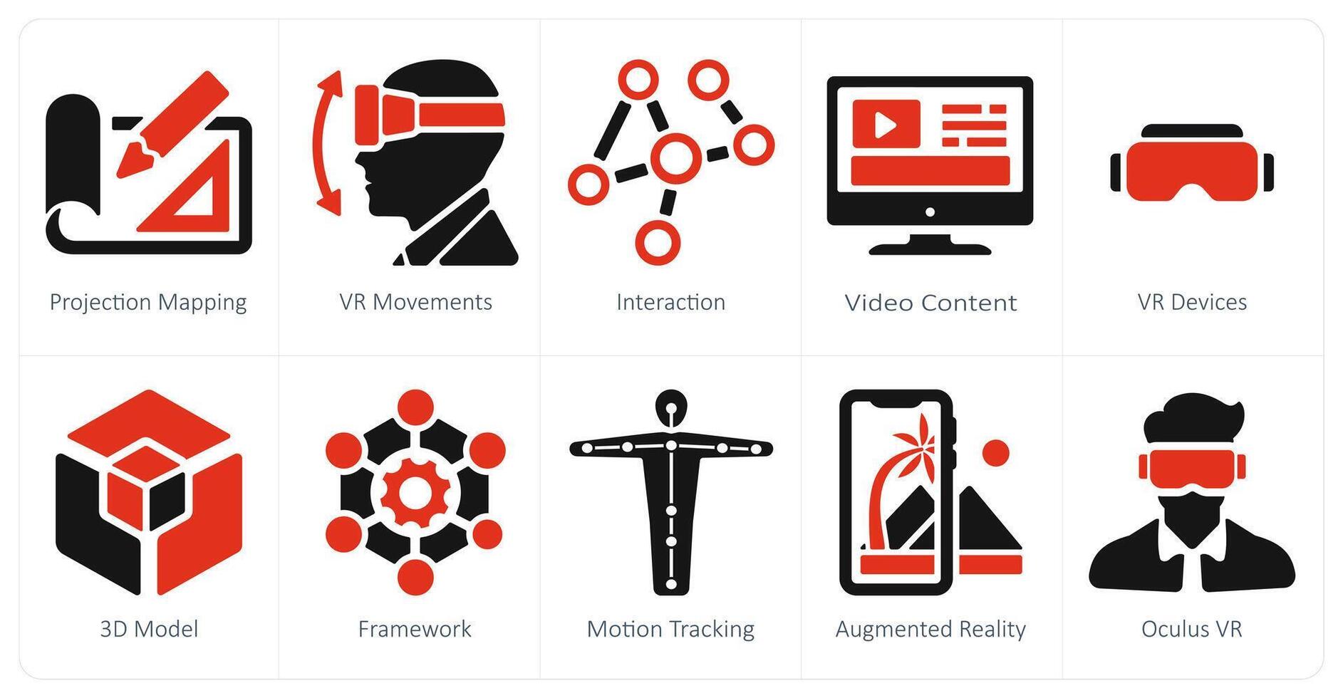 A set of 10 Virtual Reality icons as projection mapping, vr movements, interaction vector