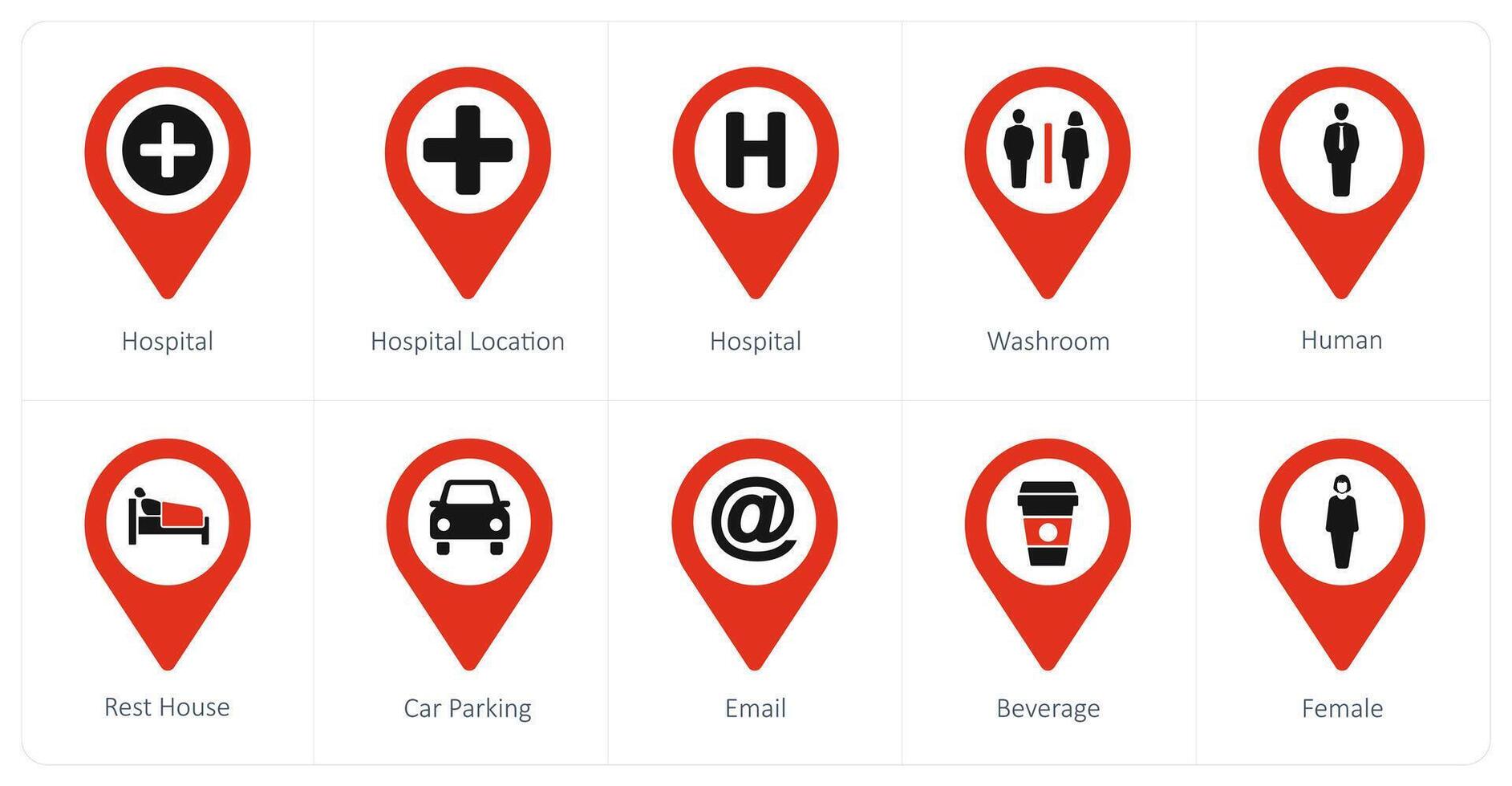 A set of 10 Location Pointer icons as hospital, hospital location, washroom vector
