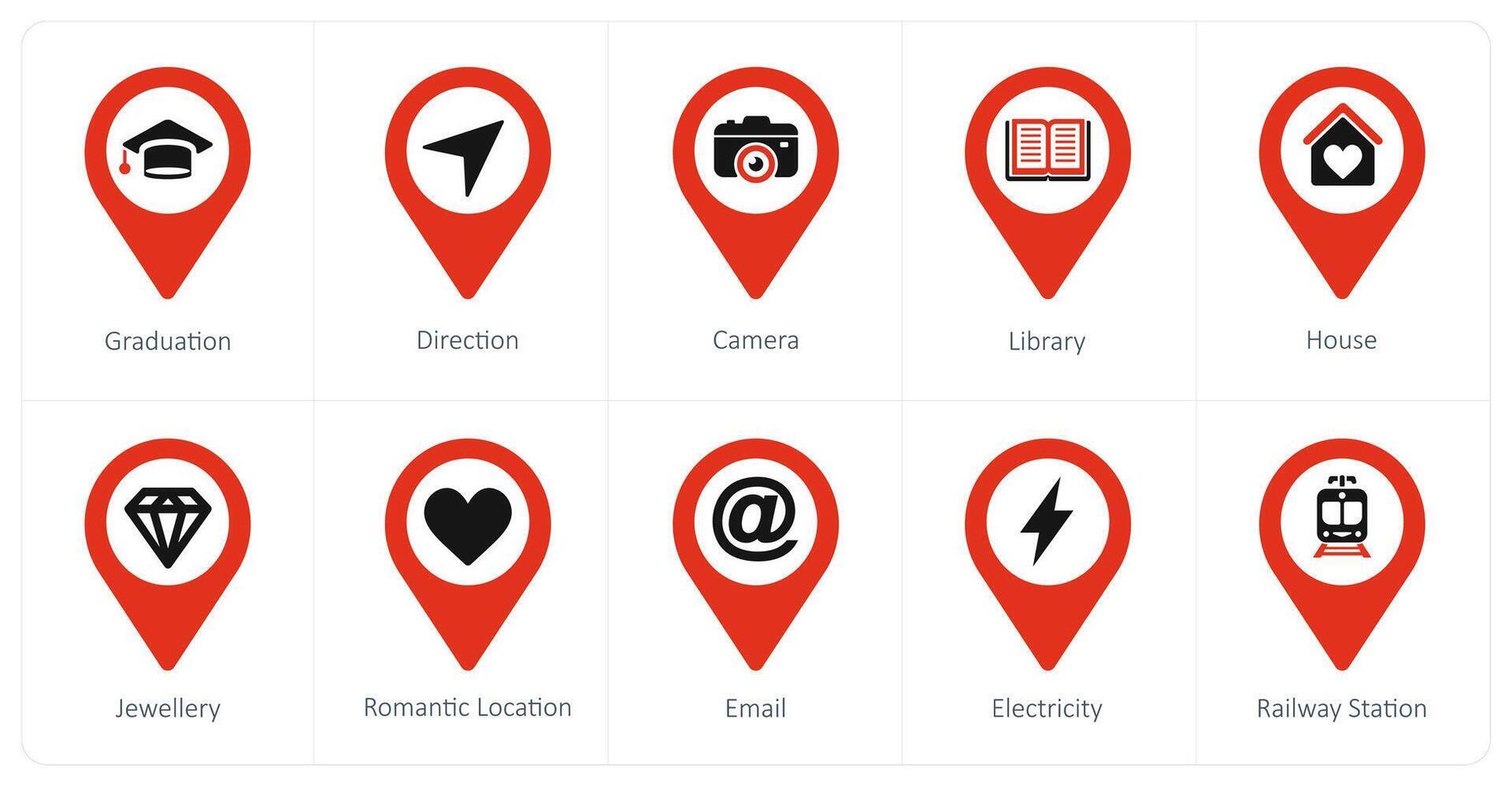 A set of 10 Location Pointer icons as graduation, direction, camera vector