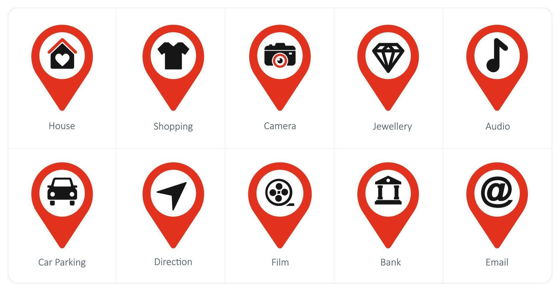 A set of 10 Location Pointer icons as house, shopping, camera vector