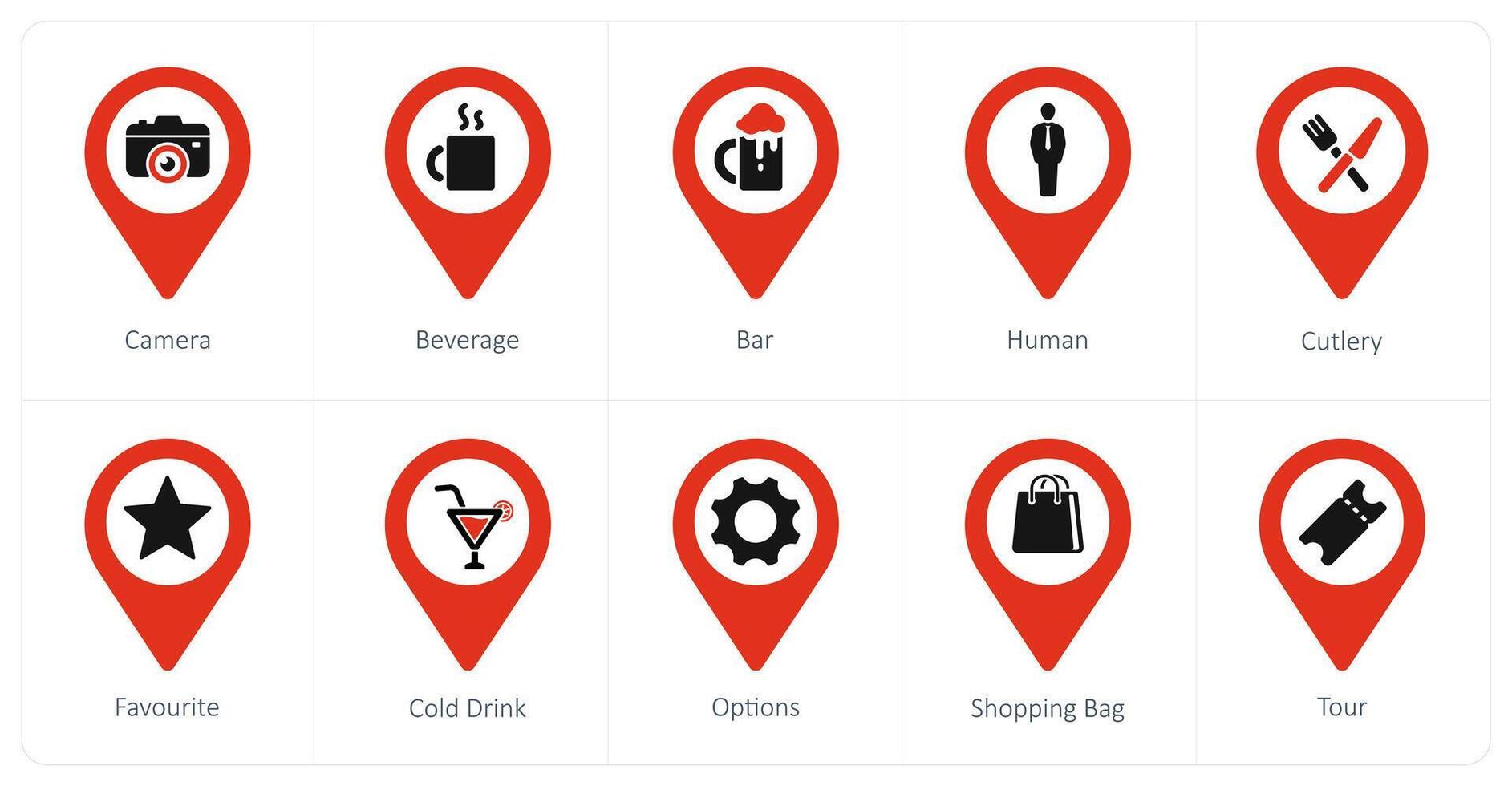 A set of 10 Location Pointer icons as camera, beverage, bar vector