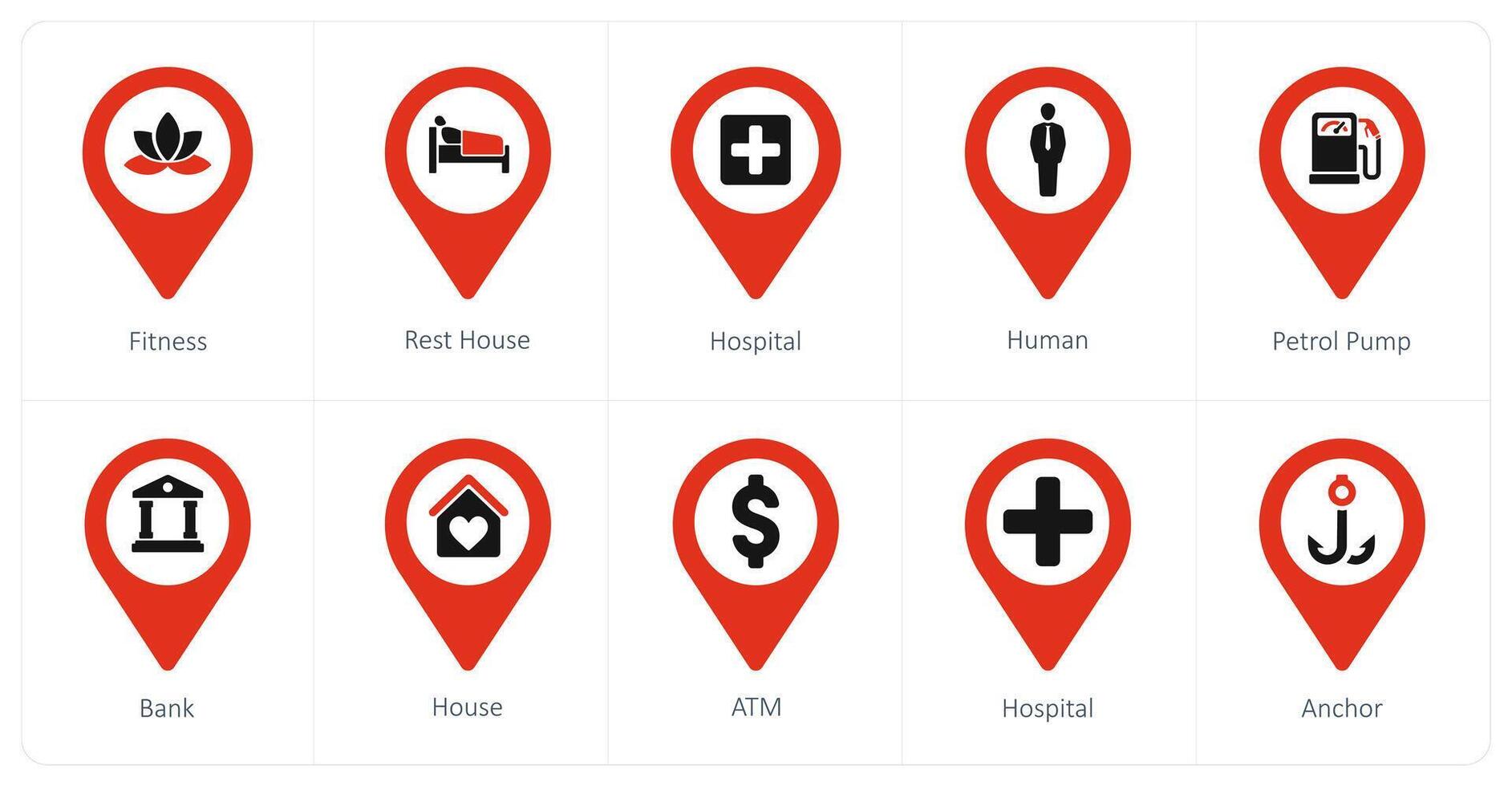 A set of 10 Location Pointer icons as fitness, rest house, hospital vector