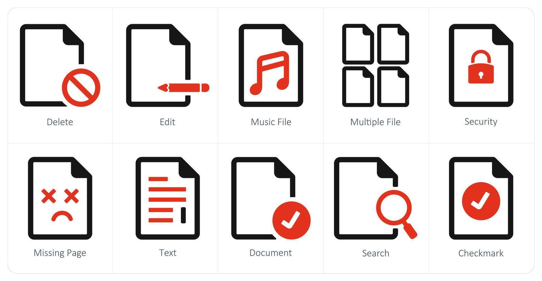 A set of 10 File icons as delete, edit, music file vector
