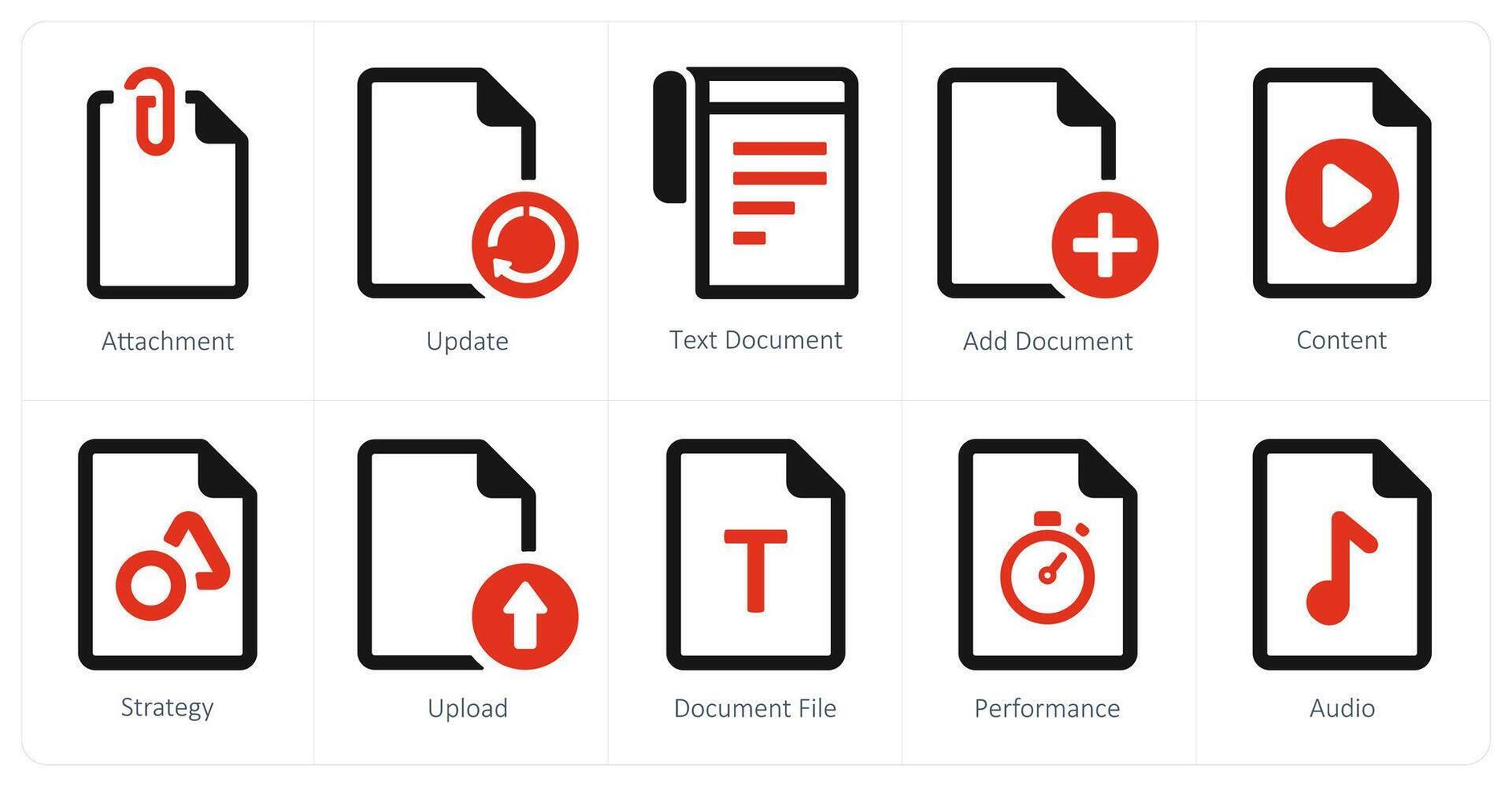 A set of 10 File icons as attachment, update, text document vector
