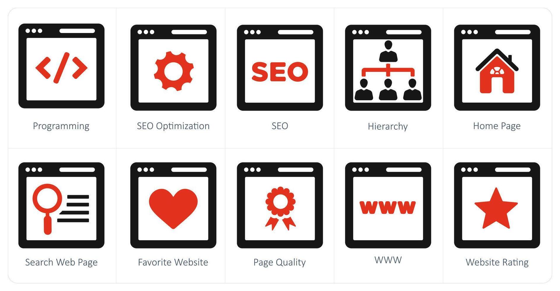 A set of 10 web marketing icons as programming, seo, hierarchy vector