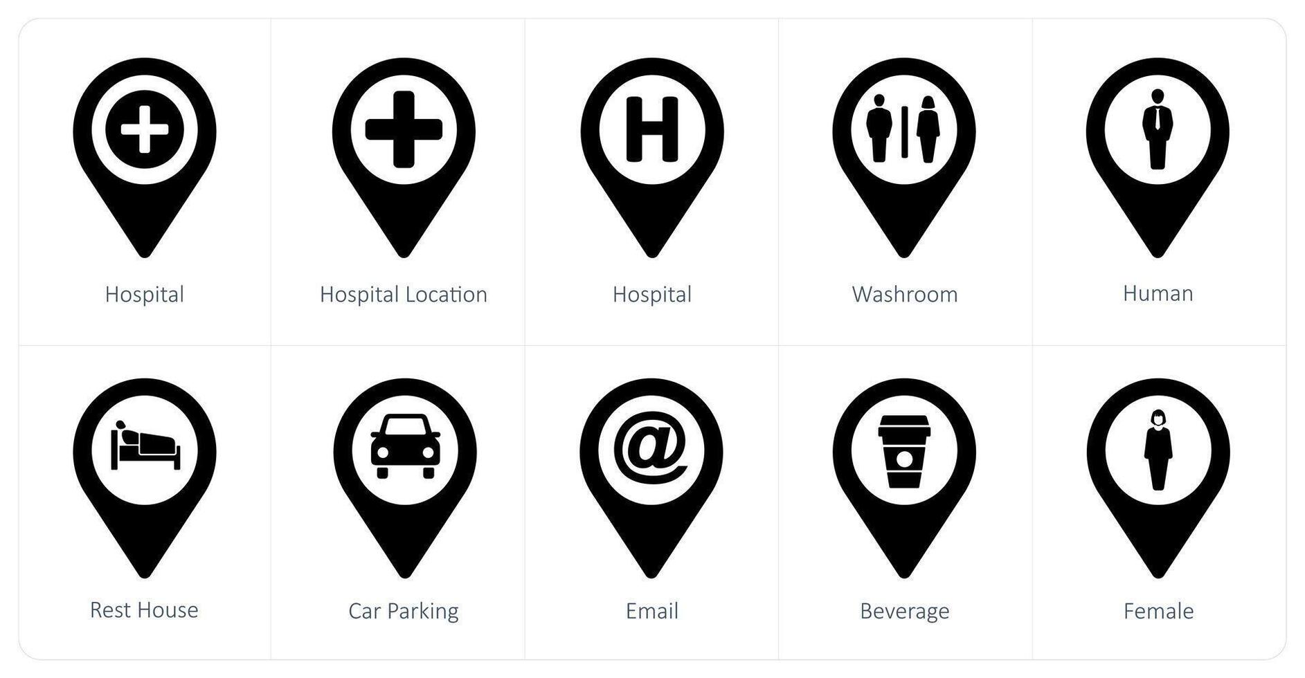 A set of 10 Location Pointer icons as hospital, hospital location, washroom vector