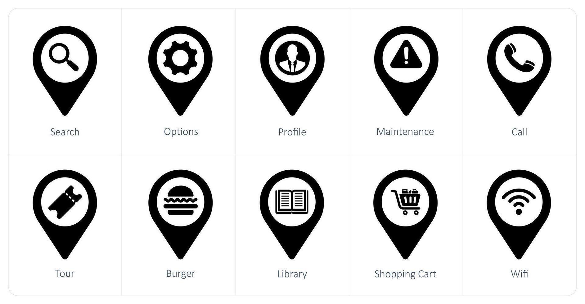 A set of 10 Location Pointer icons as search, options, profile vector